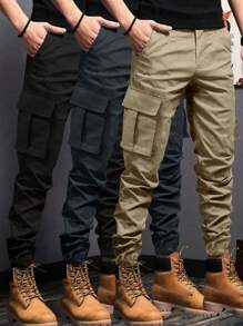 Set da 3 pantaloni cargo da uomo tinta unita, multi-tasche, casual, leggeri, per spiaggia e vacanze estive, pantaloni della tuta sciolti, pantaloni sportivi, pantaloni da trekking all'aperto, joggers, pantaloni alla caviglia casual per uso quotidiano