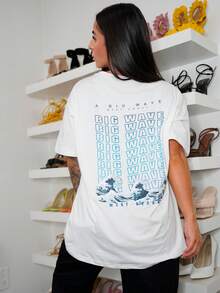 SAYEHFBABY Wave & Slogan Graphic Drop Shoulder Tee A BIG WAVE WEST COAST BIG WAVE WEST BEACH Graphic Tees Women Tops
