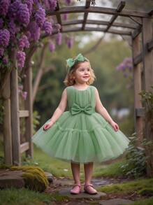 Vestido de gasa y satén de unicolor con decoración de mariposas en la cintura para niña joven, ropa formal hermosa y elegante con adorno para el cabello incluido como regalo