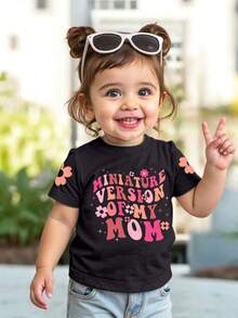 Baby Girl Minimalist Letter & Flower Print Crew Neck Short Sleeve Cute Top - Black - View 1