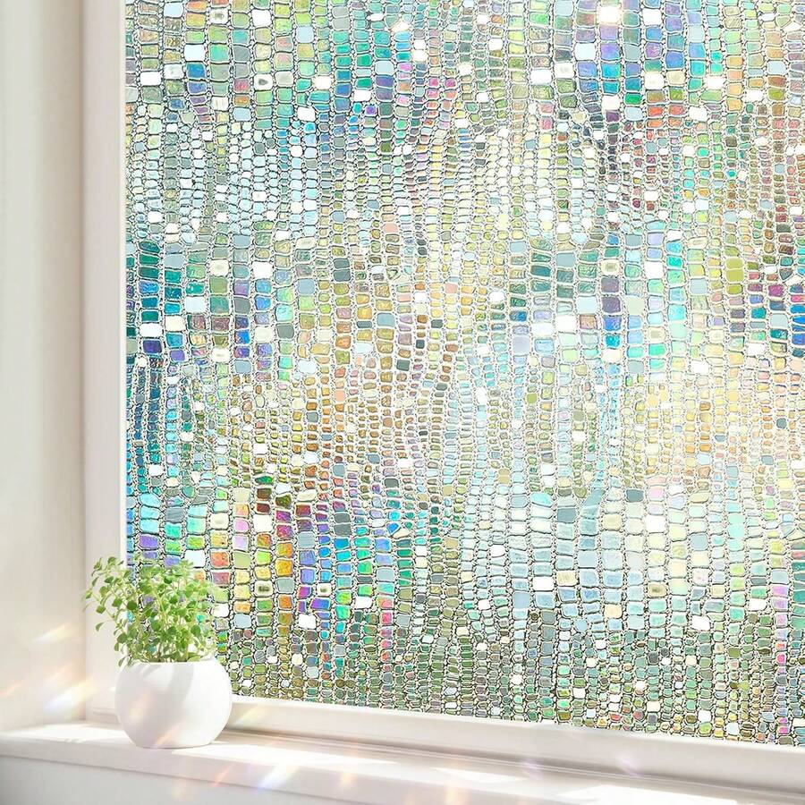 Window Privacy Film, Stained Glass Window Films 3D Rainbow Decorative Static Cling Iridescent Window Tint Heat Blocking Decals Covering For Home Door Vinyl 35.4" X 157.4" - Multicolor - View 1