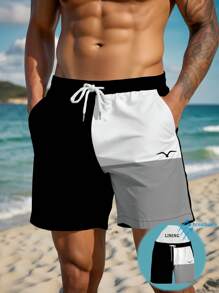 Men's Summer Printed Pattern Drawstring Waist Slant Pocket Hawaiian Quick-Dry Double-Layer Mesh Lining Shorts, Contrast Color 3D Artistic Print, Fashion Casual Beachwear Swim Trunks