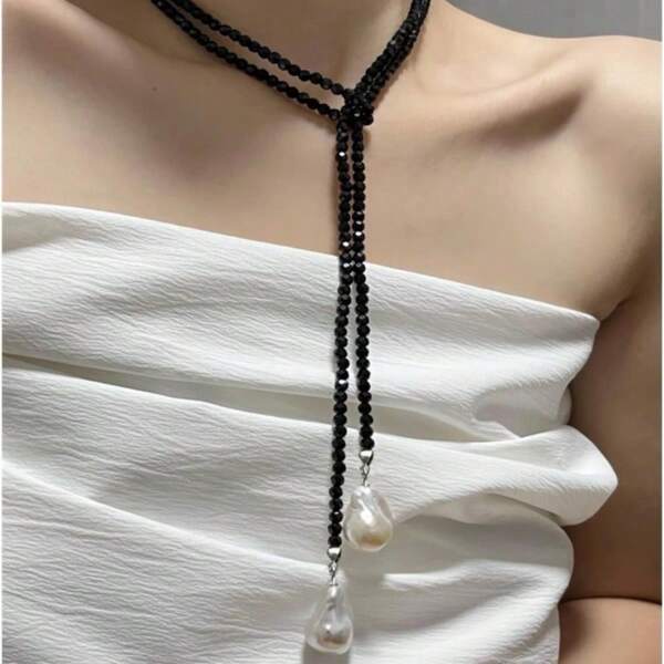 1 pieza Collar largo de mujer con colgante de cristal minimalista, perla falsa y cuentas, elegante para estilo de playa, accesorio de uso diario