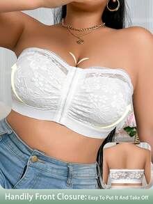 Plus Size Everyday Comfortable Front Closure Lace Patchwork Wireless Bra - White - View 6