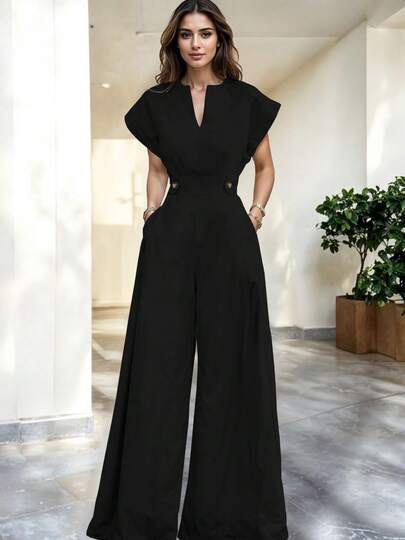 Mono de pierna ancha de cuello con abertura manga mariposa con cinturón ajustable casual y elegante para dama