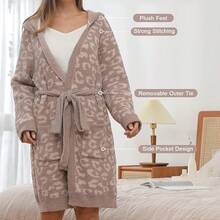 Bearberry Hooded Robe Cozy Leopard Robe Lightweight Soft Plush Bathrobe With Pockets For Women - Linen/Abu-abu Hangat - View 3