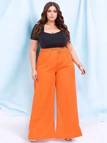 Wide Leg Colorful Pants Plus Size High Waist Loose Light Fashion Everyday Office Elegant Work - Orange - View 3
