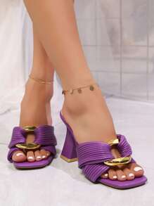 [Sandales élégantes] Sandales à talons hauts de 8 cm élégantes pour dames en noir, violet et or à gros talon Bout carré, dessus et semelle en caoutchouc, motif géométrique, convient pour les fêtes et événements d'été