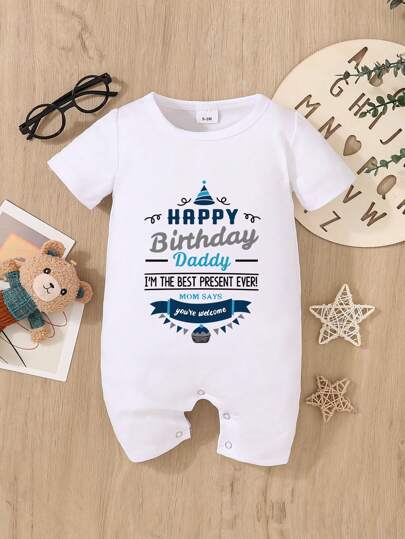 Baby Boy Slogan Graphic Short-Sleeved Romper