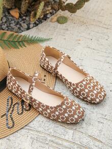 Cross-Border Trade Plus Size 35-43 New Fashion Brown Floral Print Square Toe Flat Shoes, Daily Wear Slip-On Single Strap Pair With Dresses, Randomized Vamp Pattern - Small Brown Flowers - View 7