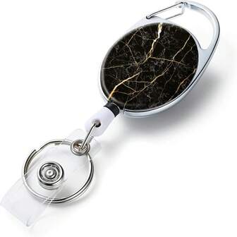 1 pieza Carrete retráctil para credencial con textura de mármol, portacredenciales expandible de impresión a doble cara de patrones de colores, con llavero retráctil y clip para cinturón (Grieta negra), útiles escolares, vuelta al colegio