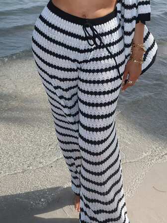 Melissa Matos Cozy Crochet Knit Striped Wide Leg Lounge Pants Resort Wear Vacation Beach Cover Up Palazzo Style Holiday Summer Bottoms Relaxed Fit Pull On