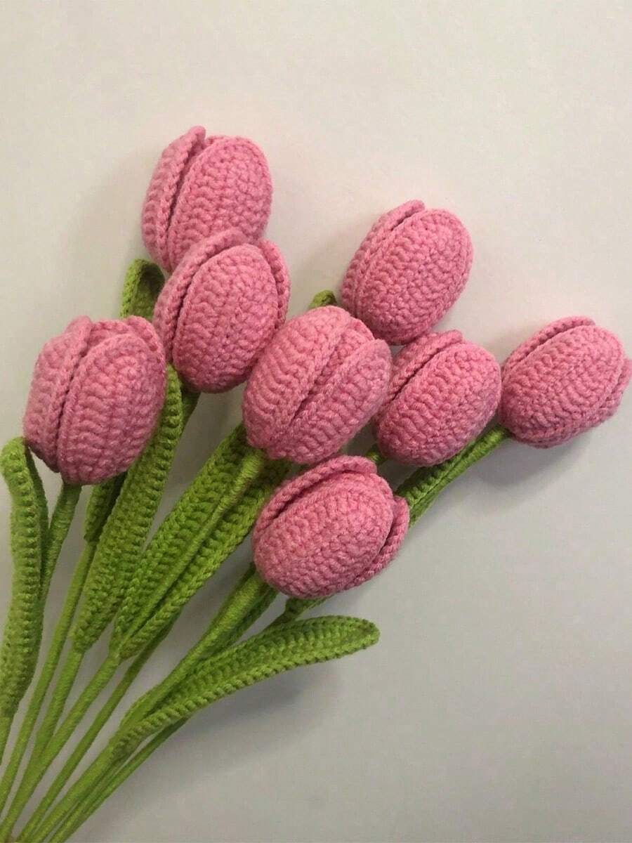 6 Pack Fake Tulips Artificial Flower Bouquet For Decoration, Tulip Crochet Flowers Bouquet For Table Decor, Handmade Knitted Tulip Flower With Stem & Leaf, Tulip Forever Flower - Phong cách 2 - Xem 1