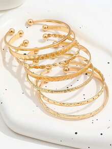 7件套欧美风格手镯套装，锤纹、箭头、花卉、夸张六芒星设计，扭开式手镯，珠宝礼品 - 金黃色 - 查看 3