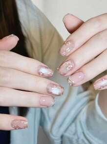 10pcs Pink Handpainted 3D Floral Pearl Chain, French Shiny Pearl Cat Eye Floral Wearable Nail Art Decoration For Nail DIY Enthusiasts, Women And Girls