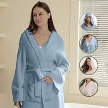 Bearberry Hooded Robe Cozy Leopard Robe Lightweight Soft Plush Bathrobe With Pockets For Women - Grey - View 4