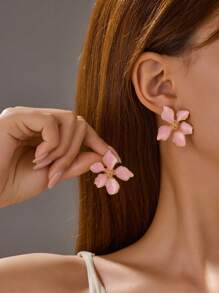 2 Pcs Fashion Needle Drop Glaze Pink Red Flower Earrings Claret Flower Stud Earrings Ladies Daily Wear Accessories