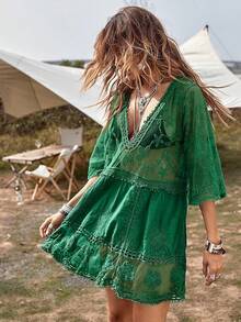 Women's Contrast Lace Loose Swimsuit Cover Up Beach Dress - Swimwear 2025 IBGX - Cỏ xanh - Xem 3