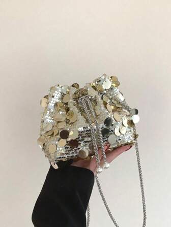 Mini sac à paillettes avec cordon de serrage, pochette brillante à la mode porte-bonheur, sac à bandoulière croisé pour femmes