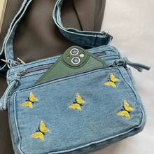 2025新款女士牛仔斜挎包，复古设计，蝴蝶刺绣，多口袋单肩包