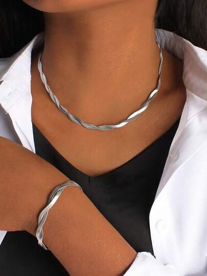 MONALLY 一套18K镀金奢华时尚编织项链和手链，女士不锈钢首饰套装，情人节、生日、母亲节、送给女友或女儿的惊喜礼物