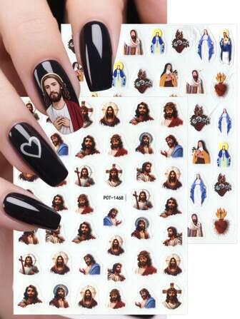 1 feuille d'autocollants d'art religieux pour les ongles, décorations d'ongles en plastique auto-adhésives, motifs de Dieu, Jésus, Vierge Marie et Christ, thème fantastique, surface brillante, formes asymétriques, cadeau parfait pour les festivals et les fêtes des femmes
