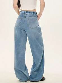 Y2K 少女做旧花卉刺绣宽松阔腿牛仔裤，复古休闲修身直筒裤 - 藍色 - 查看 3