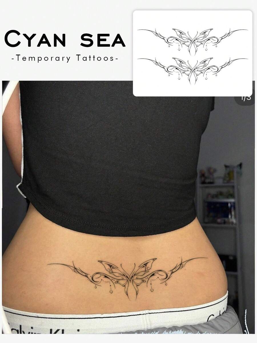 1 件防水、防汗、不反光临时纹身贴纸，采用时尚蝴蝶翅膀设计，适合日常使用 - 黑色 - 查看 1