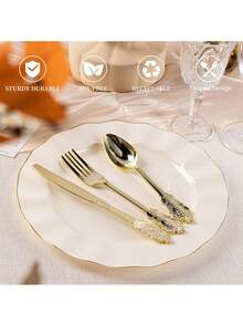 75-Piece Golden Dragon Pattern Party Decorative Cutlery Set (Repeatable For Cleaning), Including 25-Piece Cutlery Knife, 25-Piece Fork, 25 Tablespoons, High-Quality Wedding Cutlery Including Large Events, Parties, Birthdays, Dinners, New Year And New Year And New Year's Wedding And New Year