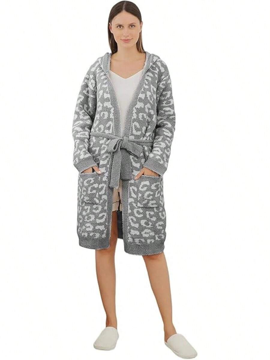 Bearberry Hooded Robe Cozy Leopard Robe Lightweight Soft Plush Bathrobe With Pockets For Women - Putih - View 1