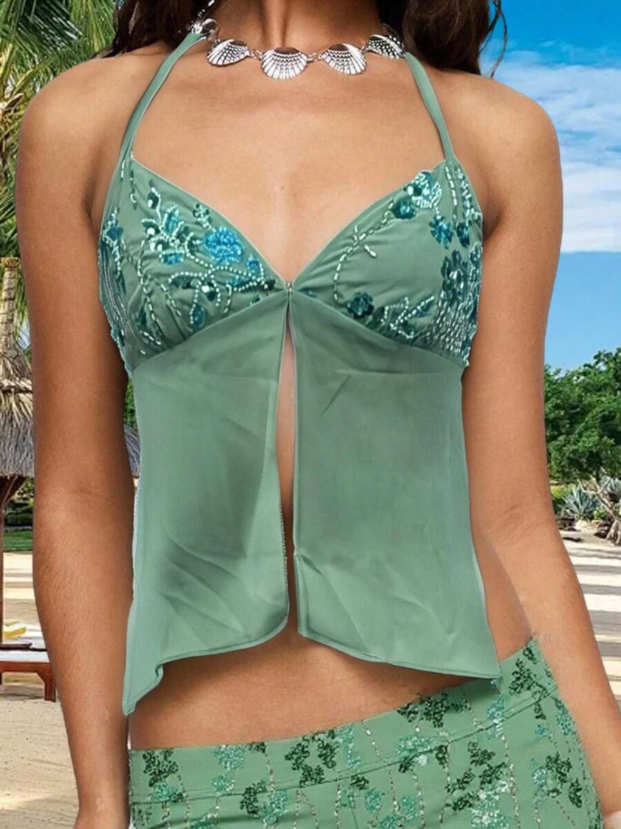 Women's Slit Front Halter Tops Stylish Sequined Floral Backless Sleeveless Vest For Summer - Green - View 1