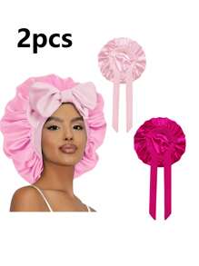 2 pezzi Bonnets da donna con cinturino elastico, in stile seta liscia, colore tinta unita, Bonnets in raso per la cura dei capelli, uso casuale e quotidiano