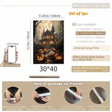 1 Stück gerahmte Leinwand Wandkunst, bereit zum Aufhängen, wasserdicht, Wandkunst, Poster, gerahmtes Wandgemälde, Herbst, Halloween, Horror Spukhaus Leinwandgemälde, Kürbis Party Wandkunst, gotische Halloween Dekoration, Heimdekoration, Herbstdekoration, Raumdekoration - Verschiedenfarbig - Übersicht 20