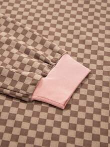 Acelitt Spring And Autumn Brown Chessboard Printed Long Sleeve Hoodie And Shorts Casual Set - Brown - View 7