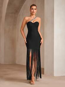 Bernatova 性感斜挎肩带奢华钻石紧身鸡尾酒会礼服，中长款名人晚会礼服，带流苏细节，适合婚礼宾客、返校节、节日、生日、晚宴 - 黑色 - 查看 2
