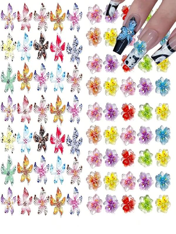 40/60 peças Encantos de Arte de Unhas Florais 3D, Flores Aleatórias Coloridas para Unhas Havaí, Strass de Resina para Decoração de Unhas, Design de Unhas para Mulheres
