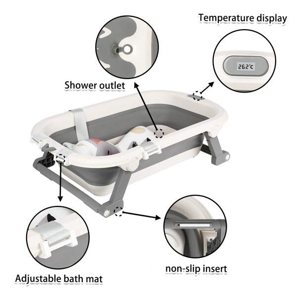 Baignoire bébé pliable avec coussin de bain bébé antidérapant/Baignoire XXL avec thermomètre pour contrôler la température de l'eau, de la naissance à 2 ans, avec coussin de soutien de baignoire, tapis de siège, jouets à offrir