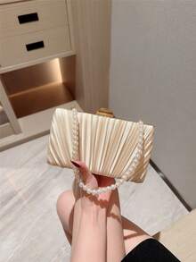 1 pieza Bolso de mano de noche elegante con diseño de caja plisada y decoración de perlas falsas, bolso de novia romántico para fiesta formal, bolso de fiesta formal con cadena, forma cuadrada