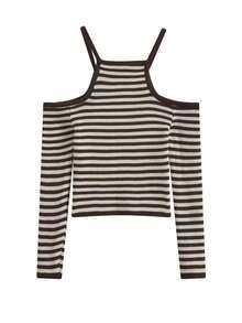 Stylish Off-Shoulder Stripe T-Shirt Women, New Arrivals Autumn Tight-Fitting Long Sleeve Cropped Top (Random Stripes) - Coffee Brown - View 2