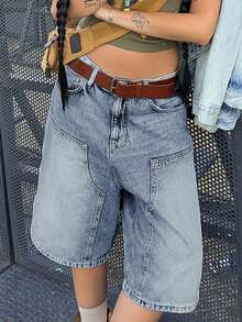 Women Loose Fit Washed Denim Shorts With Pockets, Casual Everyday Wear - Baby Blue - View 1