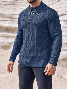 Runcati Men's Mock Neck Pullover Sweater Slim Fit Cable Knit With Half-Button Front Lightweight Thermal Knitwear For Winter Casual Style - Màu xanh hải quân - Xem 2