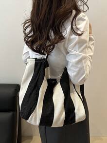 Casual Striped Large Capacity Simple Shopping Tote Bag For Shopping, Vacation, School - Black - View 6