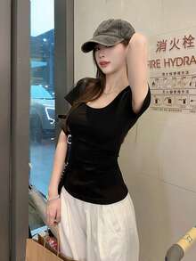 U-Neck All-Match Short Sleeve T-Shirt, Stretchy Slim Fit Solid Color Minimalist Top Casual Black Summer - Black - View 6