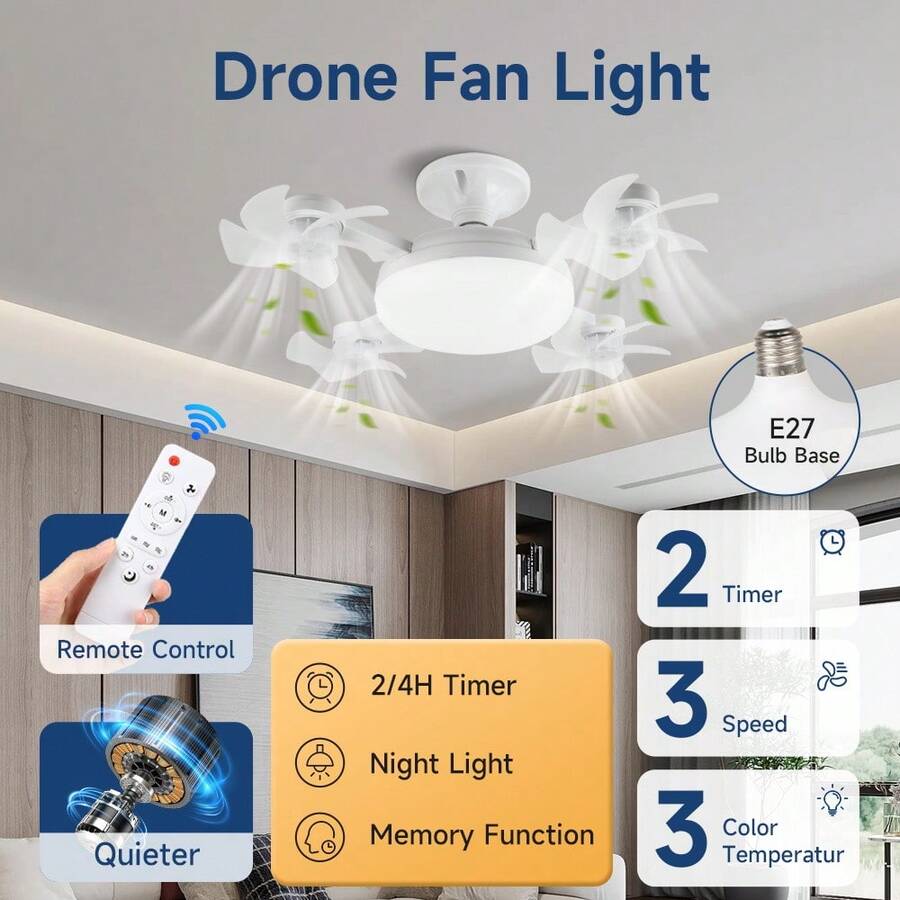 Lampu Plafon Kipas E27, Lampu LED Desain Berbentuk Drone, Lampu Dekorasi Rumah dengan Kontrol Jarak Jauh untuk Pengaturan Suhu Warna & Kecerahan, 3 Kecepatan Angin, Cocok untuk Ruang Pameran/Ruang Baca/Ruang Makan/Bar/Kamar Tidur/Kedai Kopi/Ruang Tamu/Dapur
