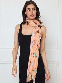 超柔软夏季围巾，印有彩色狗狗图案。尺寸：85厘米/180厘米 - 橘色 - 查看 3