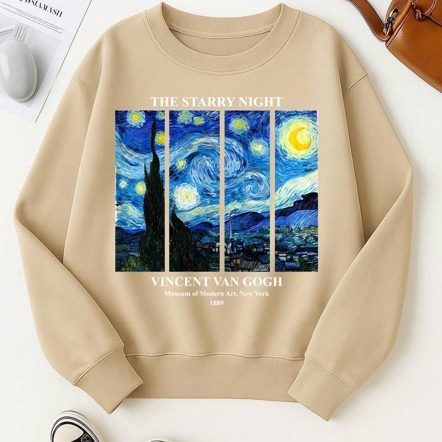 Women's Crew Neck Sweatshirt Plus Size Style Model: "The Starry Night Painting By Van Gogh" - SPECIAL Launch 2025 - 卡其色 - 查看 1