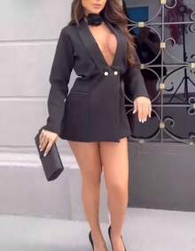 Shorts And Tailored Blazer Set With Square Neckline - Black - View 1