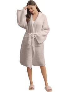 Bearberry Hooded Robe Cozy Leopard Robe Lightweight Soft Plush Bathrobe With Pockets For Women - Beige - View 1