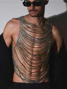 1pc Personalized Multi-Layer Shiny Crystal Chest Chain, Glamorous Fashion Bikini Accessories
