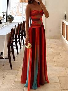 .Women Tie Dye Strapless Maxi Dress Elegant Gradient Twist Front Hollow Out Long Dress Summer Off Shoulder Flowy Dresses - 彩色 - 查看 2